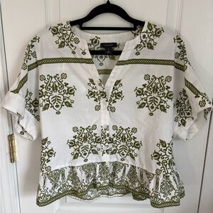 Halogen Green & White Printed Peplum Blouse – Size M